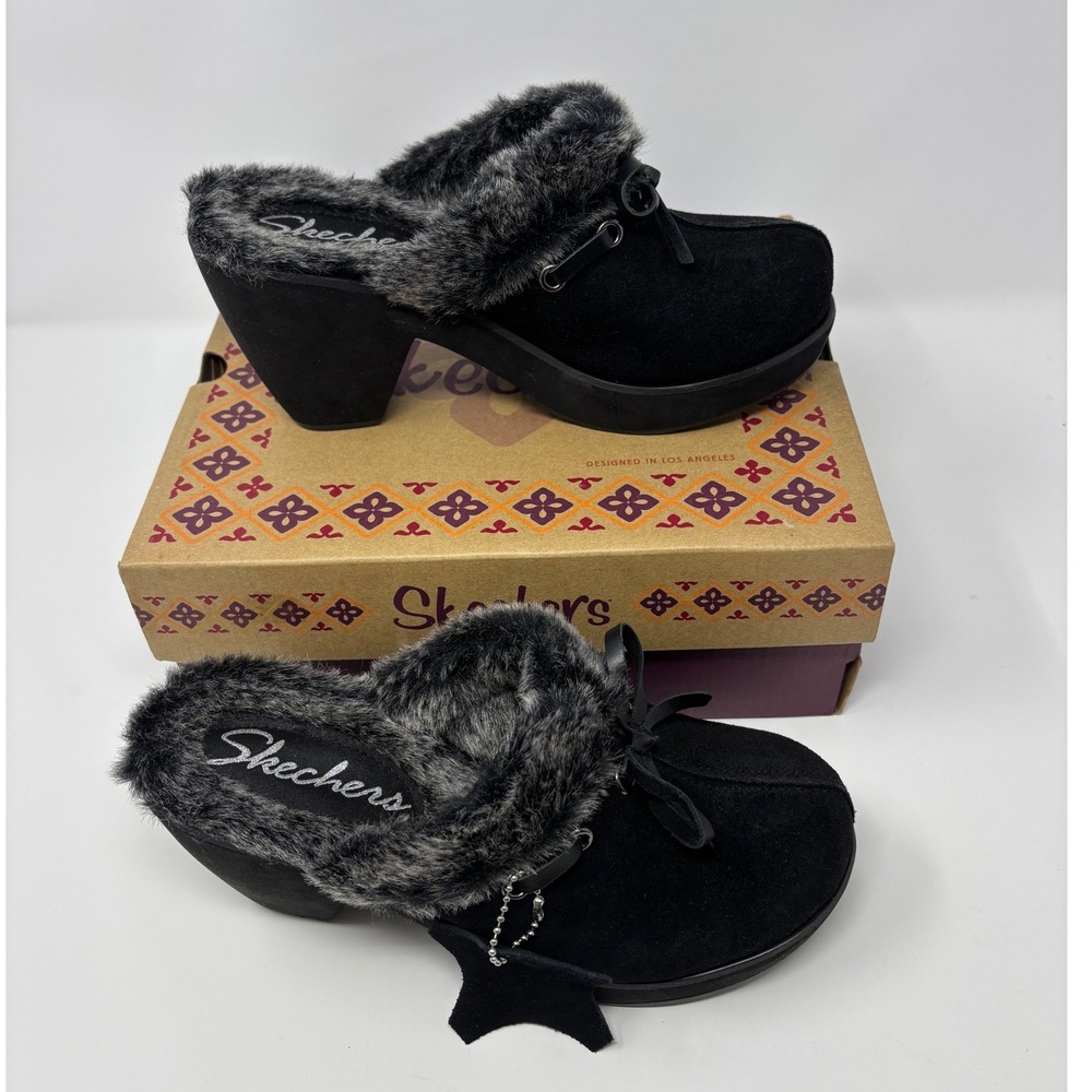 Skechers Disco Bunny-Boogie Down Black Suede Faux Fur Platform Clogs /BLK 7
